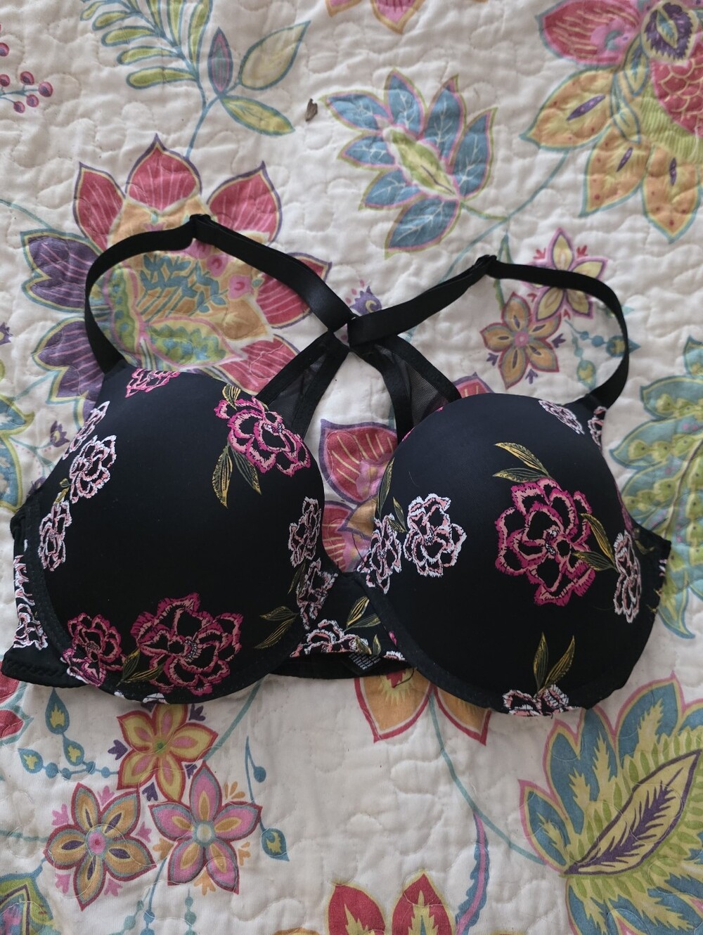 XOXO Black Push-Up Bra with Pink Floral Embroidery